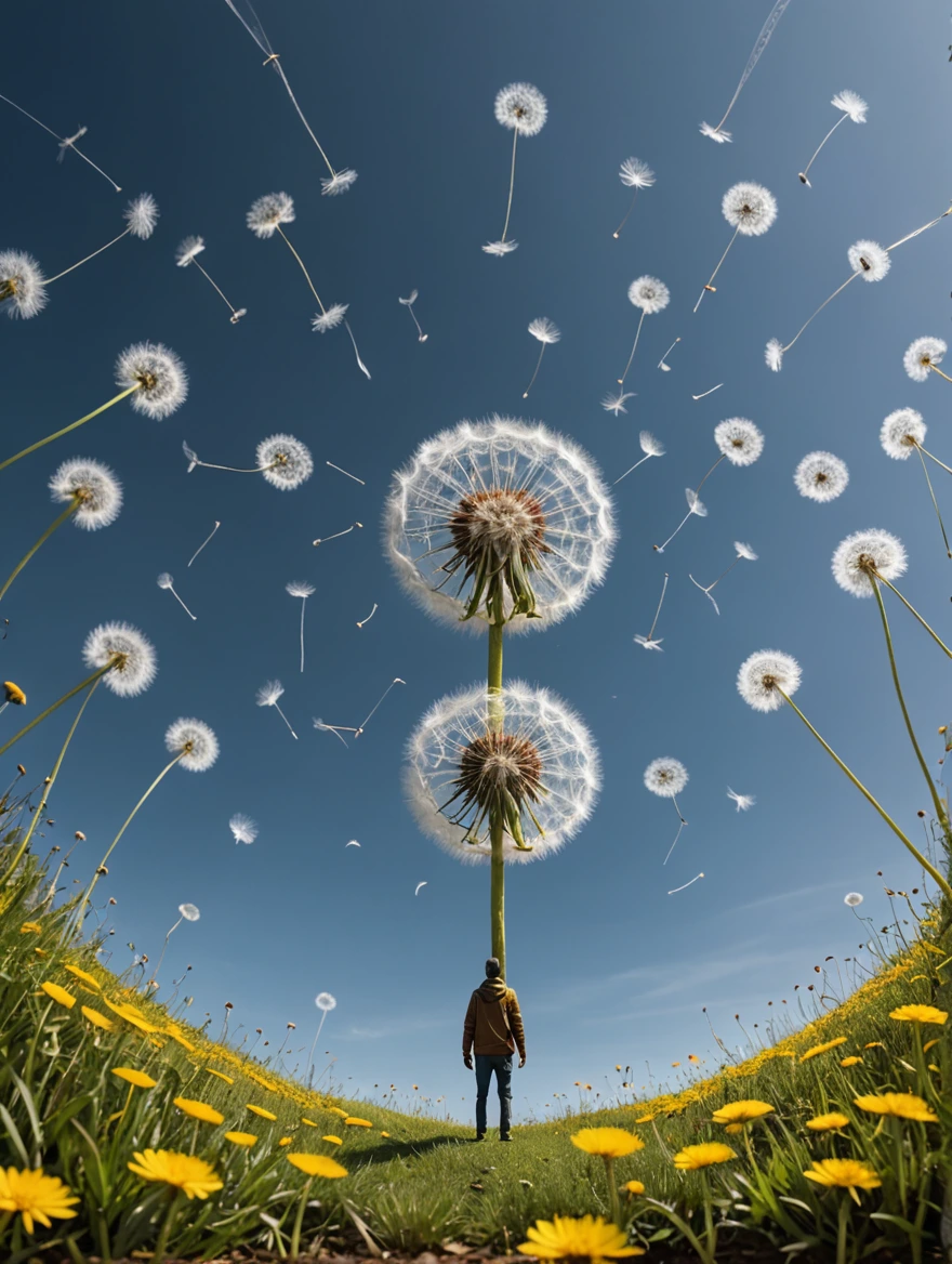 tiny man standing under a giant dandelion