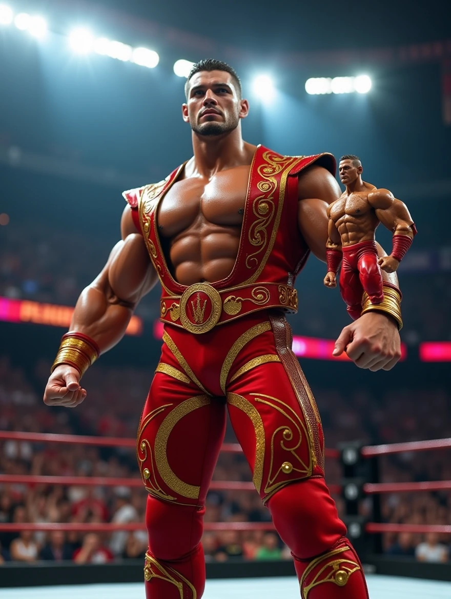 A professional wrestler with bulging muscles and chiseled physique, clad in a vibrant red and gold costume adorned with intricate patterns, proudly displays a meticulously crafted action figure modeled after himself. Standing in a powerful stance, he exudes confidence and strength under the dazzling glare of the spotlight in a professional wrestling ring bustling with enthusiastic fans. The hyper-realistic depiction immerses viewers in the electrifying atmosphere of a gripping wrestling showdown, accentuating the fine details in the wrestler's attire and the action figure's design.