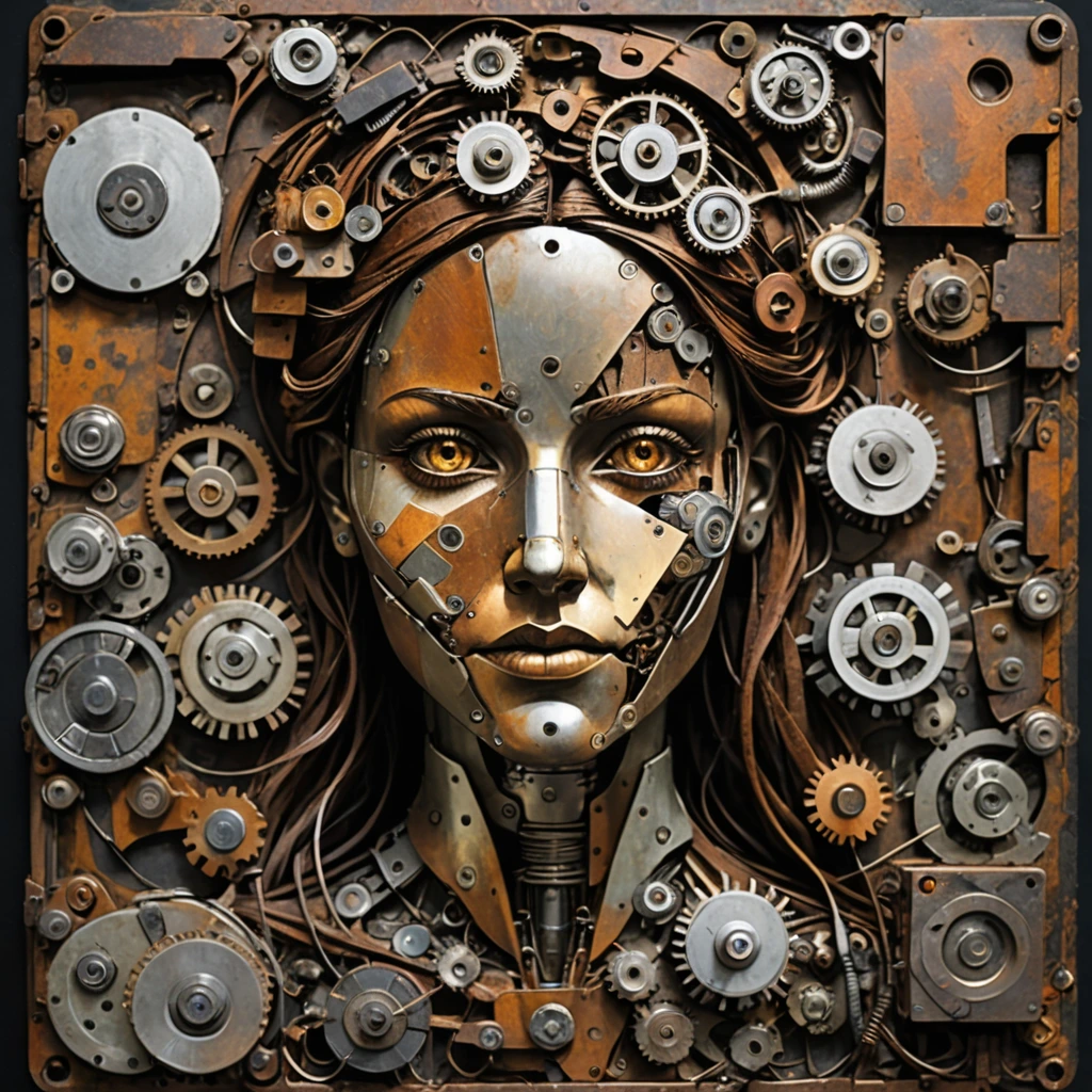 Create a woman pieced together from scrap parts junk scrap electronics rusty metal broken old archaic technology pieced together into a woman.