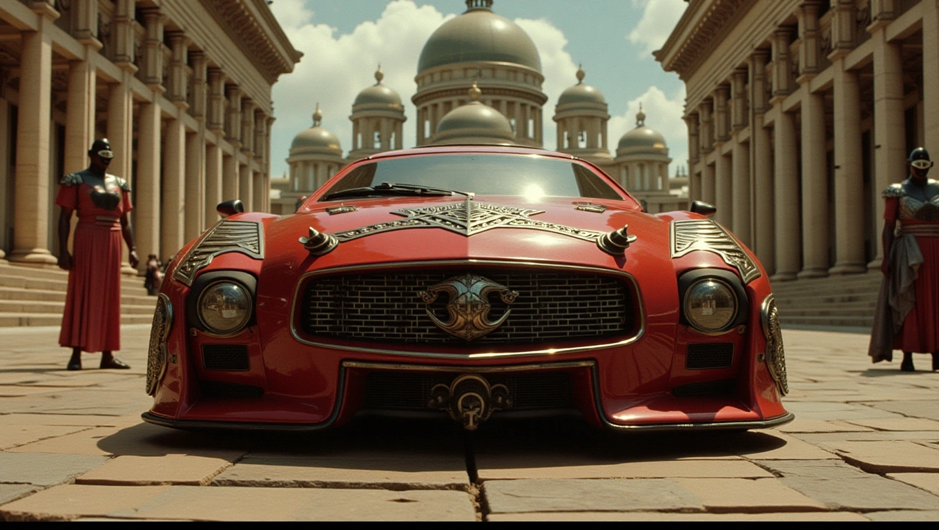 Romepunk ancient roman crimson and huge bronze ornate car surrounded by sci-fi roman imperial romepunk colossal city. Domes and columns. cinematic, epic realism,8K, highly detailed, documentary film still