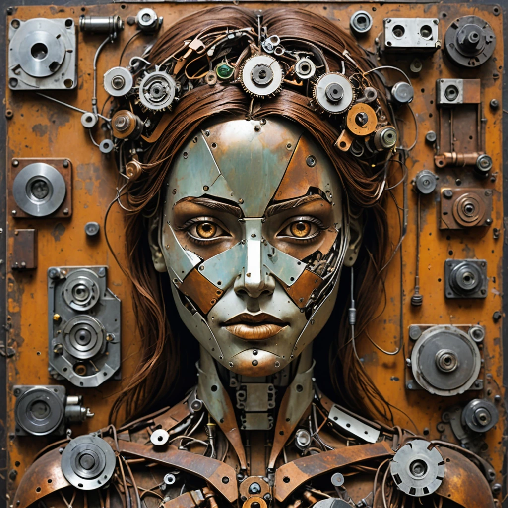 Create a woman pieced together from scrap parts junk scrap electronics rusty metal broken old archaic technology pieced together into a woman.