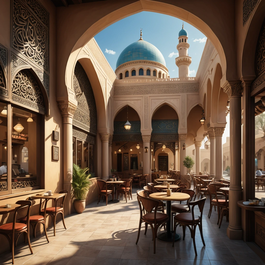 a hyper-realistic digital painting of a beautiful islamic Arabian style cafe at morning coffee