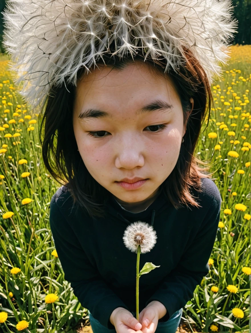 tiny woman standing under a giant dandelion