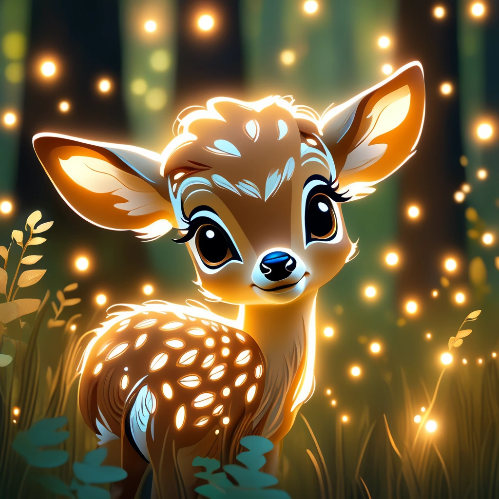 The cutest little [fawn] you could ever imagine, whimsical, forest, sunny, golden hour lighting, fireflies, intricate masterpiece captured in crisp 16k