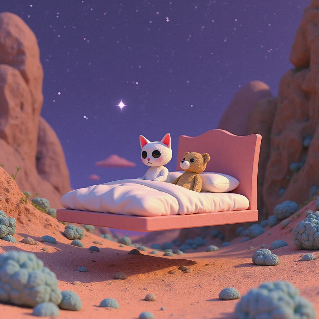 An otherworldly landscape inspired by Salvador Dali's surreal style, where a cat and teddy bear are in a floating bed, is placed under a starry purple sky, surrounded by bizarre and dreamlike scenery. Surrealistic art inspired by Salvador Dali's art