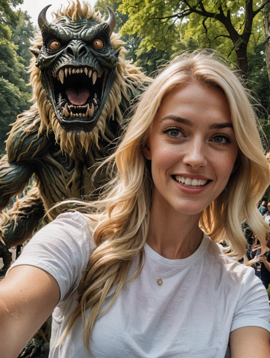 Blonde woman photobombed by a monster while taking a selfie