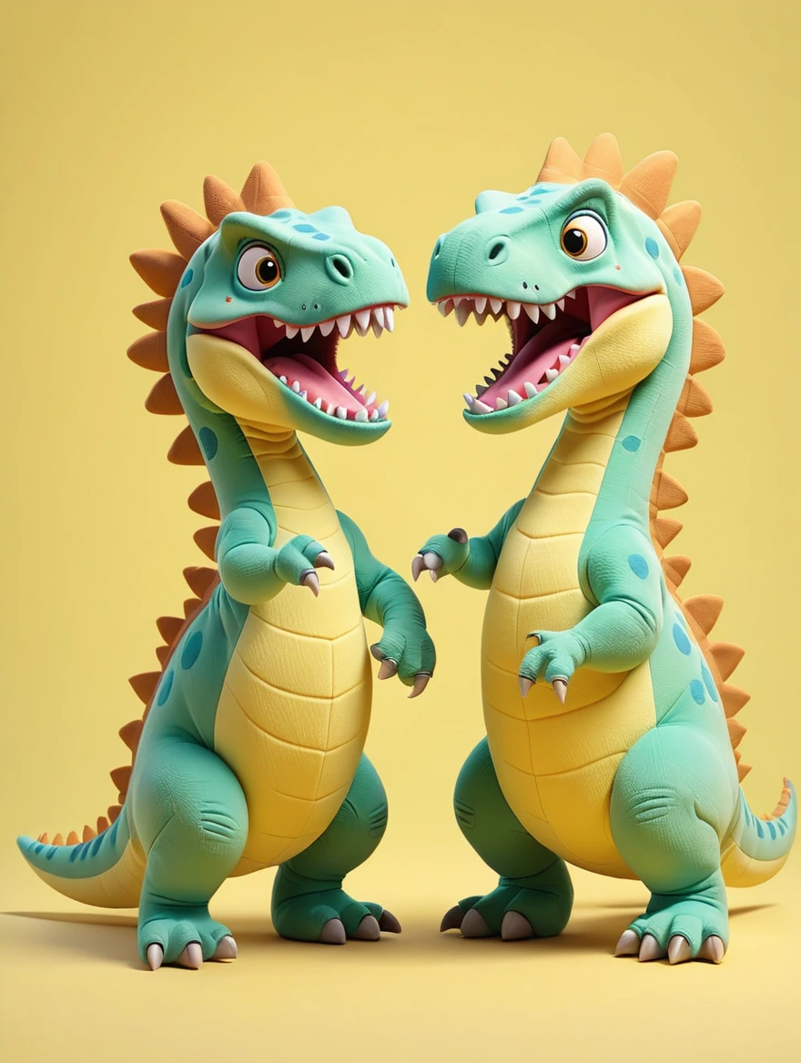 two dinosarus in dispute, Plush doll art, Light yellow background, Soft colors, 3D characters, minimalist, cartoonish