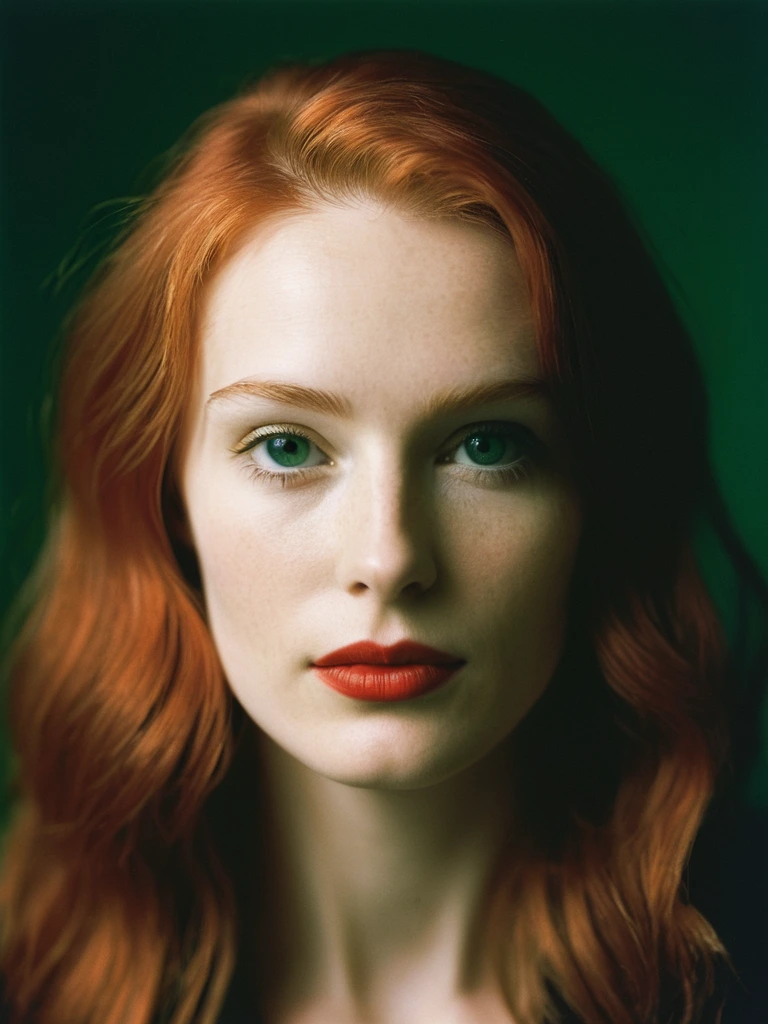 A  headshot resembling high ISO 35mm  film, emulating pushed Kodak Tri-X 400. The subject: a pretty woman with long  red hair and high cheekbones, red lips and emerald green eyes. Mimic a classic 35mm camera setup, ISO 1600, with a 50mm lens at f/2.8 for a shallow depth of field and soft background. Use high-contrast lighting from a single softbox at a 45-degree angle for deep shadows and highlights, enhancing texture and depth, pronounced grain, focusing on facial details