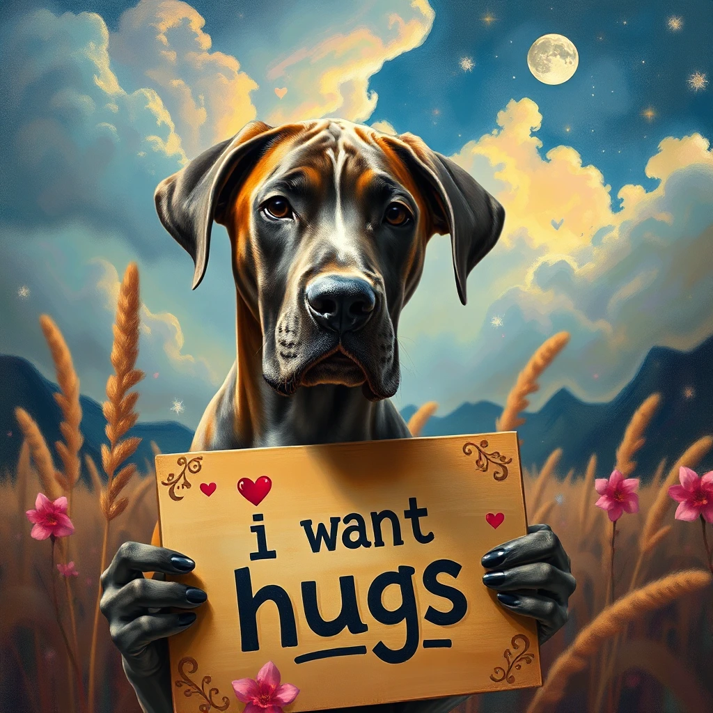 A painting masterpiece showcasing beautiful ultra detailed great Dane puppy holding a sign saying "i want hugs" through  distorted reality. The vivid colour palette and intricate brushwork immerse viewers in a mesmerizing world of realistic enchantment, where the surreal beauty of nature looms. The ambience is accentuated by cinematic lighting, elevating the atmosphere of mystical fantasy. Captured in crisp 1080p resolution, this lifestyle photograph invites you to delve into a realm of wonder and intrigue. Dramatic action