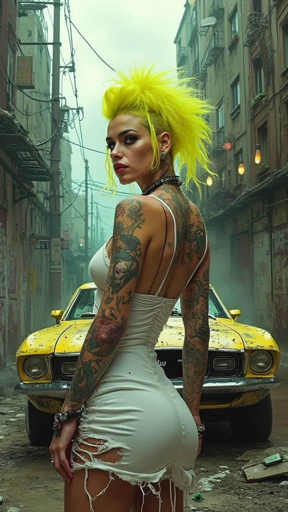 A post-apocalyptic femme fatale punk character with a vibrant neon yellow mohawk and bold undercut, exuding defiance with intense eyes, dark makeup, and a striking red lip. Adorned with numerous piercings and elaborate tattoos of skulls and monsters on arms and back, her figure standing boldly in a tight-fitting, torn white dress. The backdrop features a gritty, chaotic urban dystopia with a rugged yellow muscle car bearing a 'KIL KIL' license plate, dilapidated buildings, faded graffiti, tangled wires, and ominous overcast skies, all bathed in vivid yet dark hues for a comic book aesthetic with high detail and dramatic lighting.