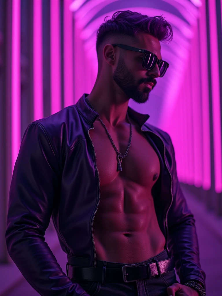 A handsome muscle shirtless man in Purple leather adorned with big black rings, virile, attractive, posing virile, muscle veins, wet, purple hair, short hair lit, estilized short beard, black leather sunglasses, powerful fashion poses, geometric, linear. Purple neon rain in the background. 8k hyper detailed