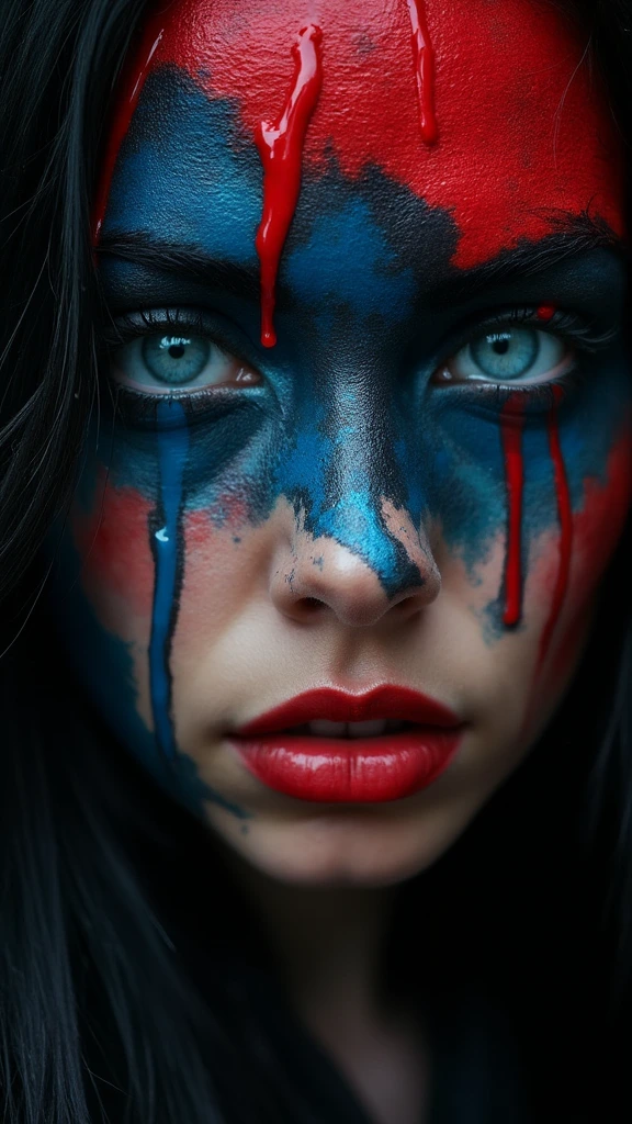 A captivating close-up portrait of a woman with striking blue eyes and a determined expression. Her face is artfully painted with vibrant shades of red, blue, and black, creating a dramatic and artistic effect. The bold red paint drips down from the top, adding movement and emotion to the piece. The dark background highlights the colors on her face, creating a striking contrast and showcasing the intensity of the scene. High-definition shot with impeccable focus on the intricate details of the painting, evoking a sense of raw emotion and power.