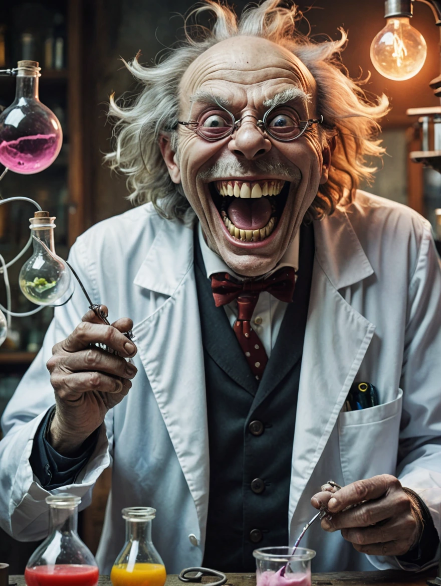 A mad scientist is laughing in joy at his monstrous creation spooky vibe, surrealist style, fantastical, magical, unexpected, super detail, dreamy lo-fi photography, colorful