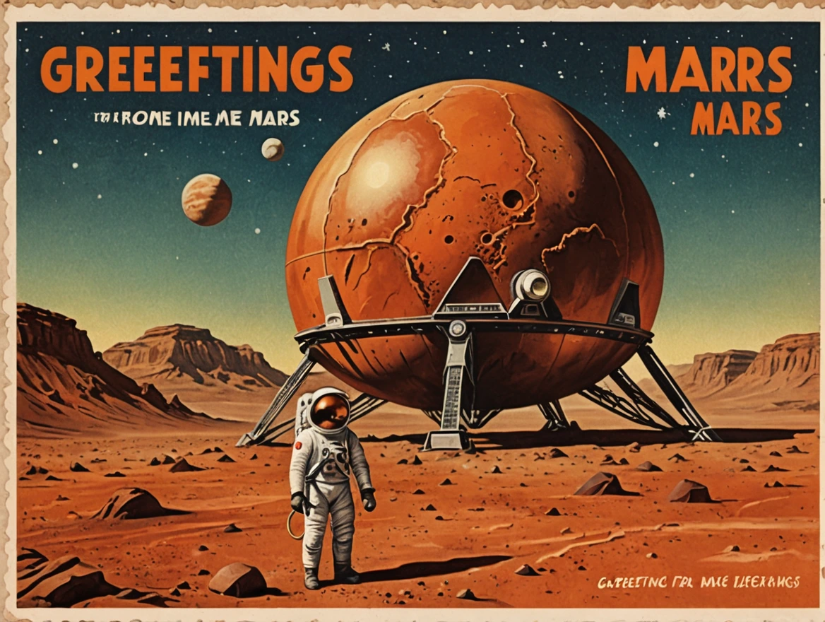 Postcard with text "Greetings from Mars", vintage postcard style,