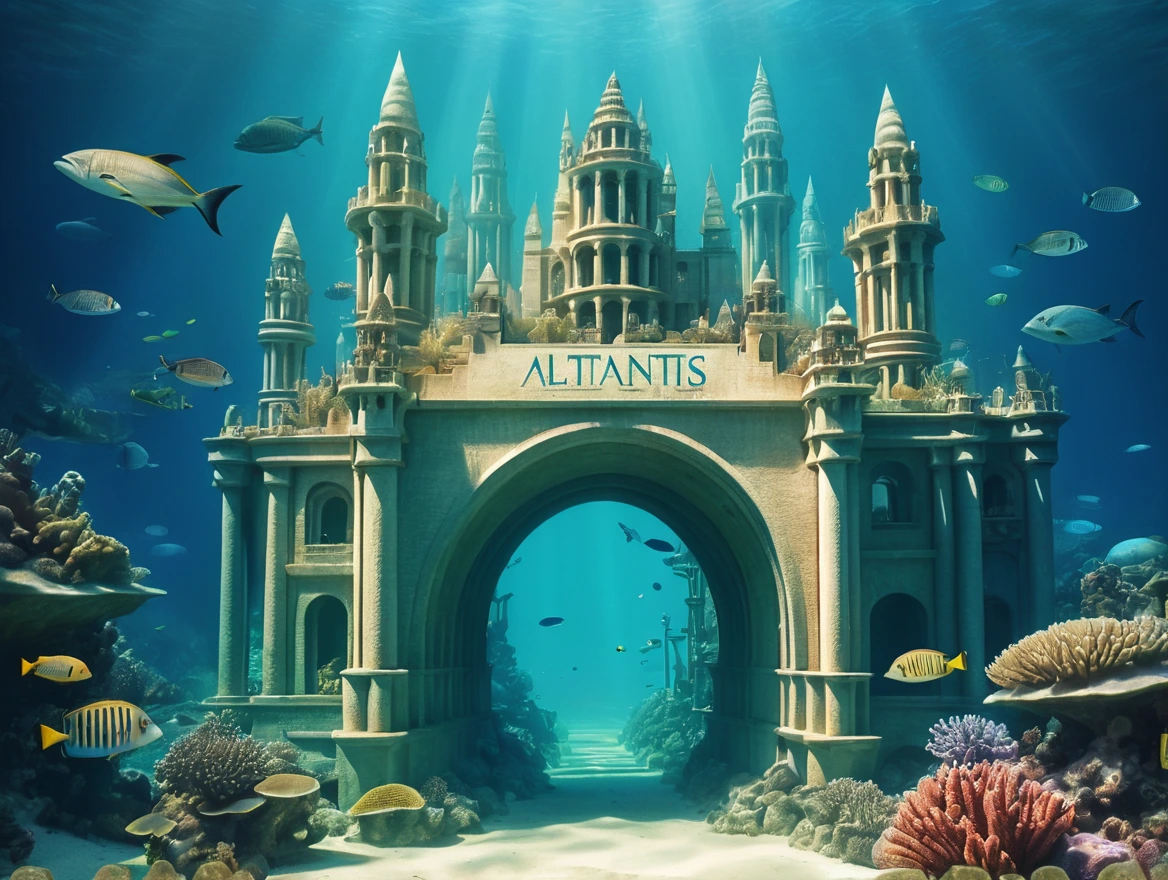 Postcard of the underwater city with text "Atlantis", vintage postcard style,