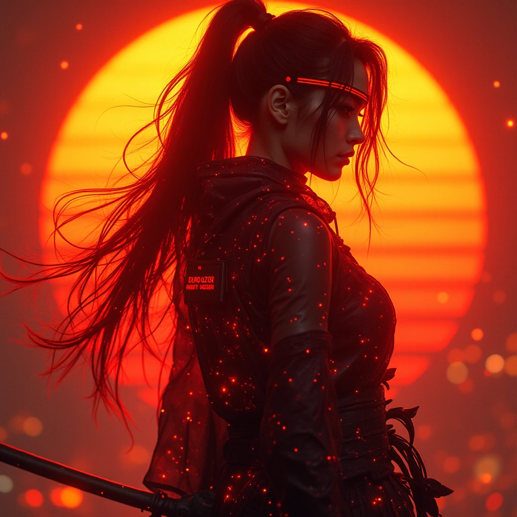 Female Cyberpunk Samurai in the style of datamoshing, VHS glitch, highly detailed, orange neon light, artifact effects, stylised orange sun backdrop