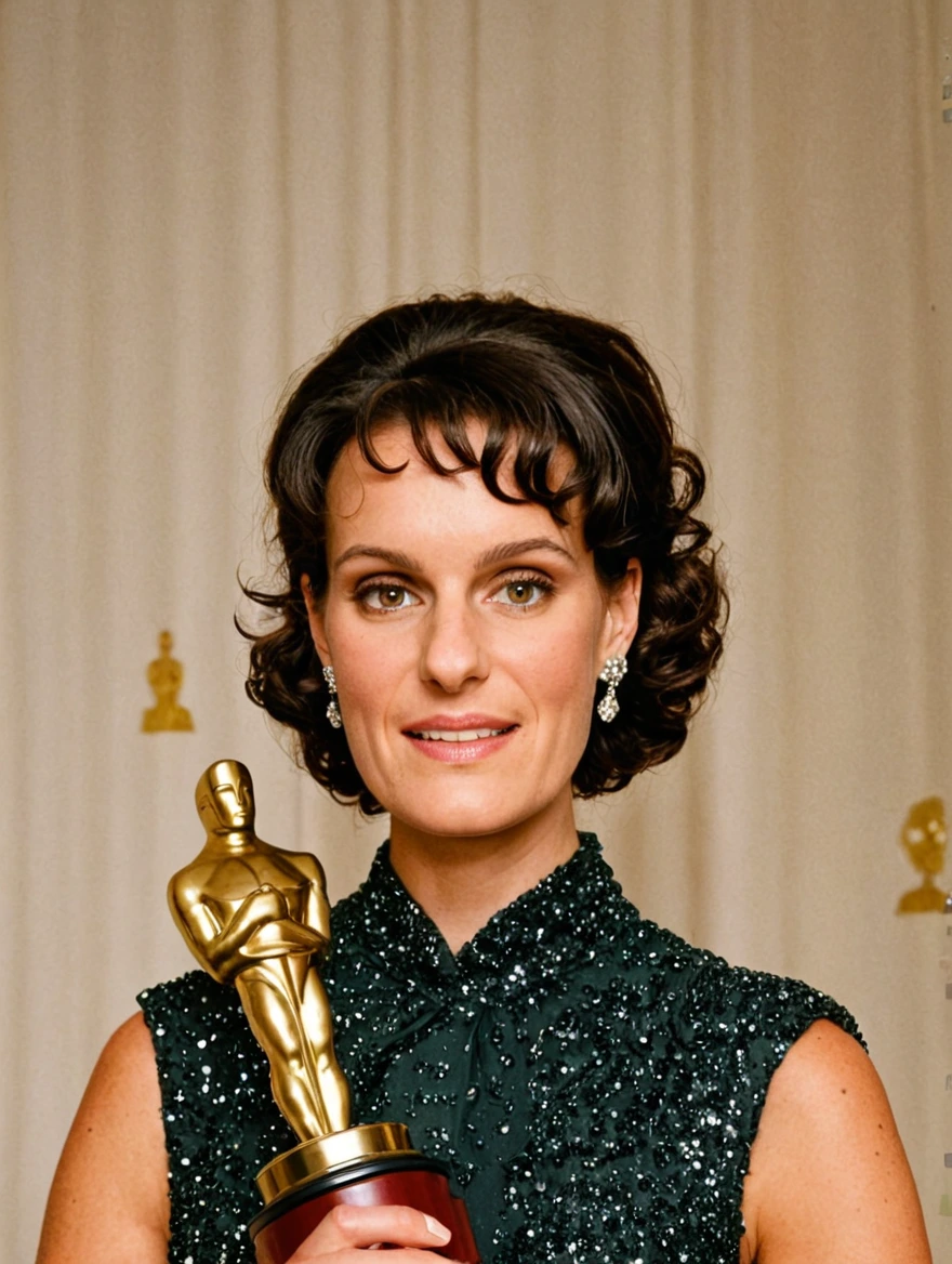 Woman wearing a glamorous dress winning an Oscar