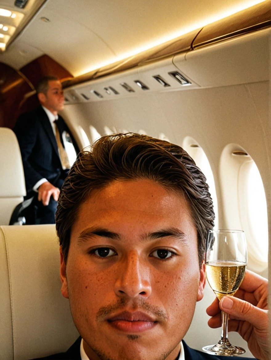 man drinking champagne on a private jet