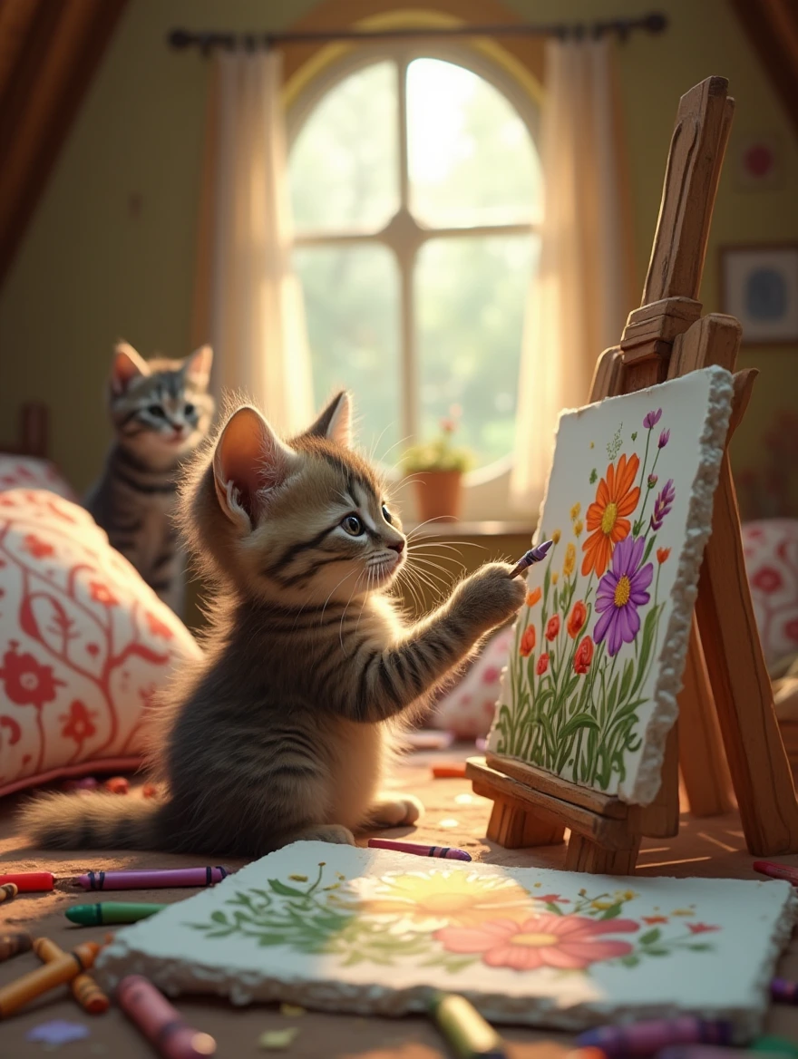 A heartwarming scene of a kitten artist, vibrant crayon drawings, cozy attic studio, soft natural light streaming through a circular window, scattered art supplies, oversized flower-patterned cushions, vintage wooden easel, curious tabby cat observing, half-finished crayon masterpiece of colorful wildflowers, close-up perspective, shallow depth of field focusing on the kitten's paws holding a crayon, warm color palette, nostalgic atmosphere, hyper-detailed textures