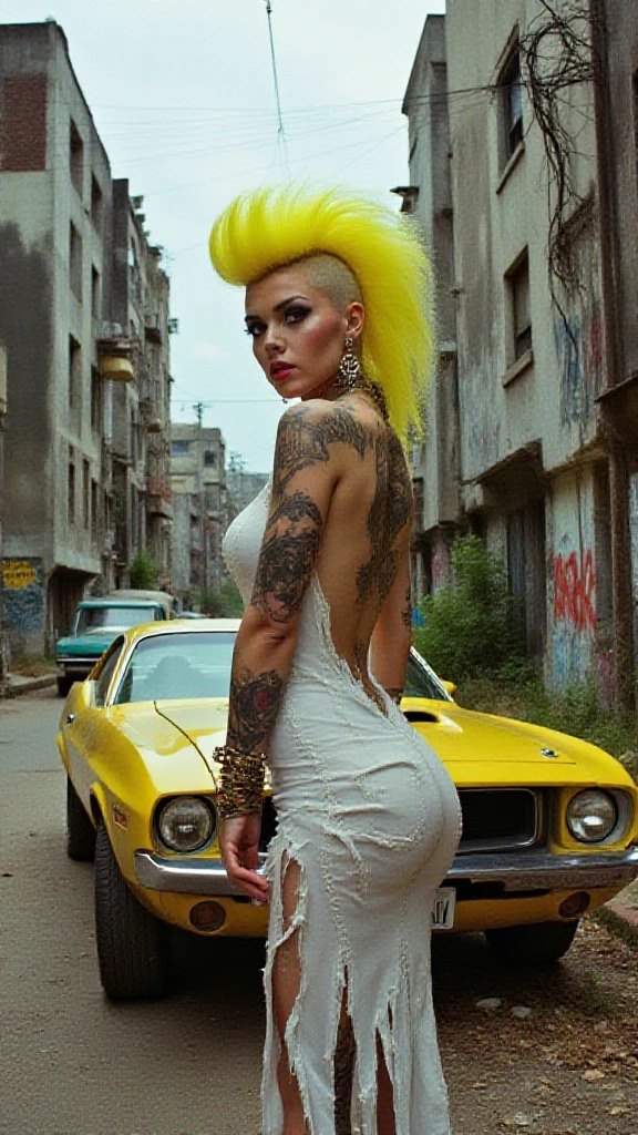 A post-apocalyptic voluptuous femme fatale, with large breasts, punk character with a vibrant neon yellow mohawk and bold undercut, exuding defiance with intense eyes, dark makeup, and a striking red lip. Adorned with numerous piercings and elaborate tattoos of skulls and monsters on arms and back, her figure standing boldly in a tight-fitting, torn white dress. The backdrop features a gritty, chaotic urban dystopia with a rugged yellow muscle car bearing a 'KIL KIL' license plate, dilapidated buildings, faded graffiti, tangled wires, and ominous overcast skies, all bathed in vivid yet dark hues for a comic book aesthetic with high detail and dramatic lighting.