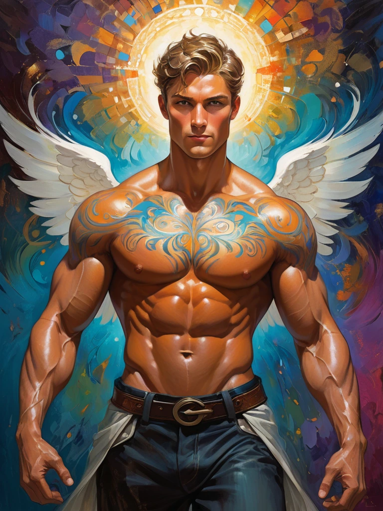 Regal angelical whimsical shirtless muscle male figures with a attractive expression, flanked by intricate flurry patterns and rich textures, painted with vibrant colors that seem to glow, creating a sense of depth and movement. The brushstrokes are precise and delicate, enhancing the ethereal attractive atmosphere of the scene. Bright highlights and deep shadows play together to emphasize the volumetric virile composition of the painting, drawing the viewer's eye towards the centered figure with an almost otherworldly presence.