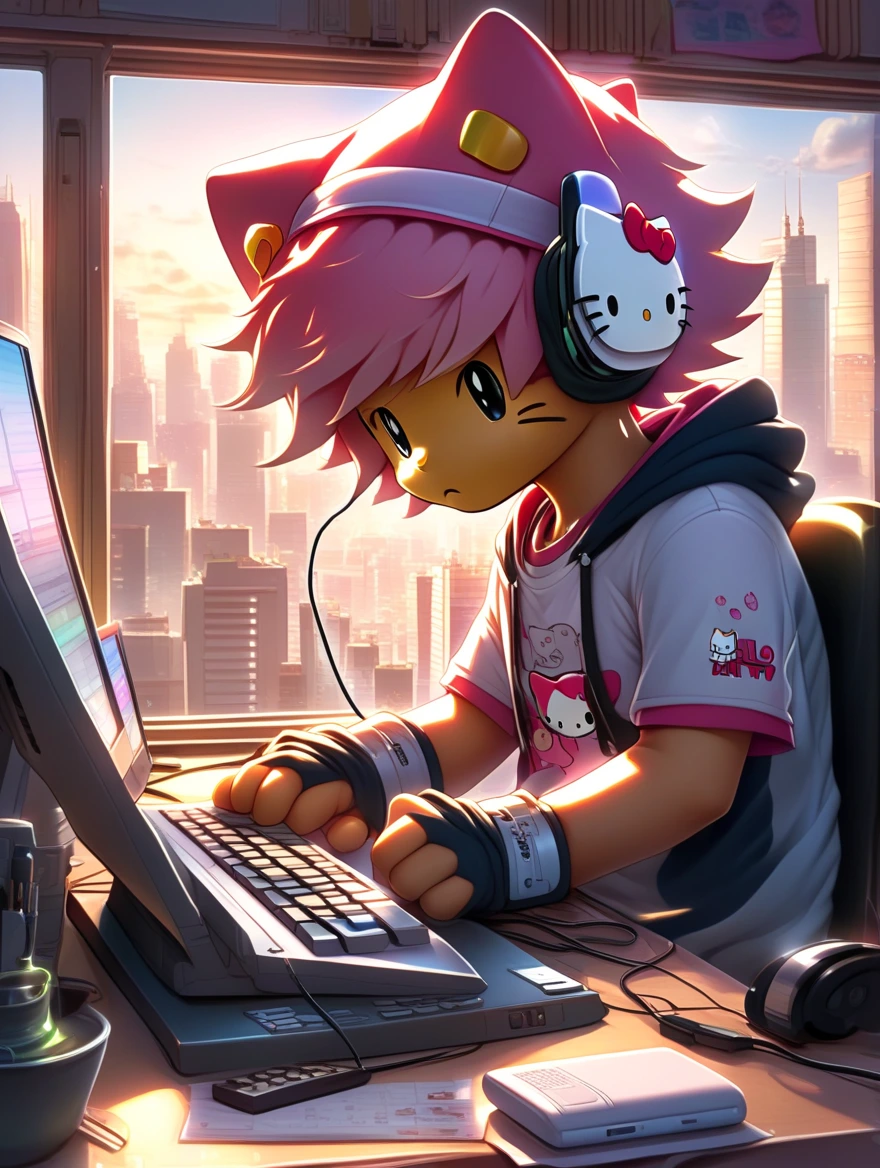 An anime-style illustration featuring a Hello-kitty wearing headphones and T-shirt as he works on his computer. Soft, warm lighting highlights his fur, creating a cozy and nostalgic atmosphere. Through the window behind him, a bustling cityscape can be seen. In the top right corner, a touch of artistic flair adds to the overall stylish composition.