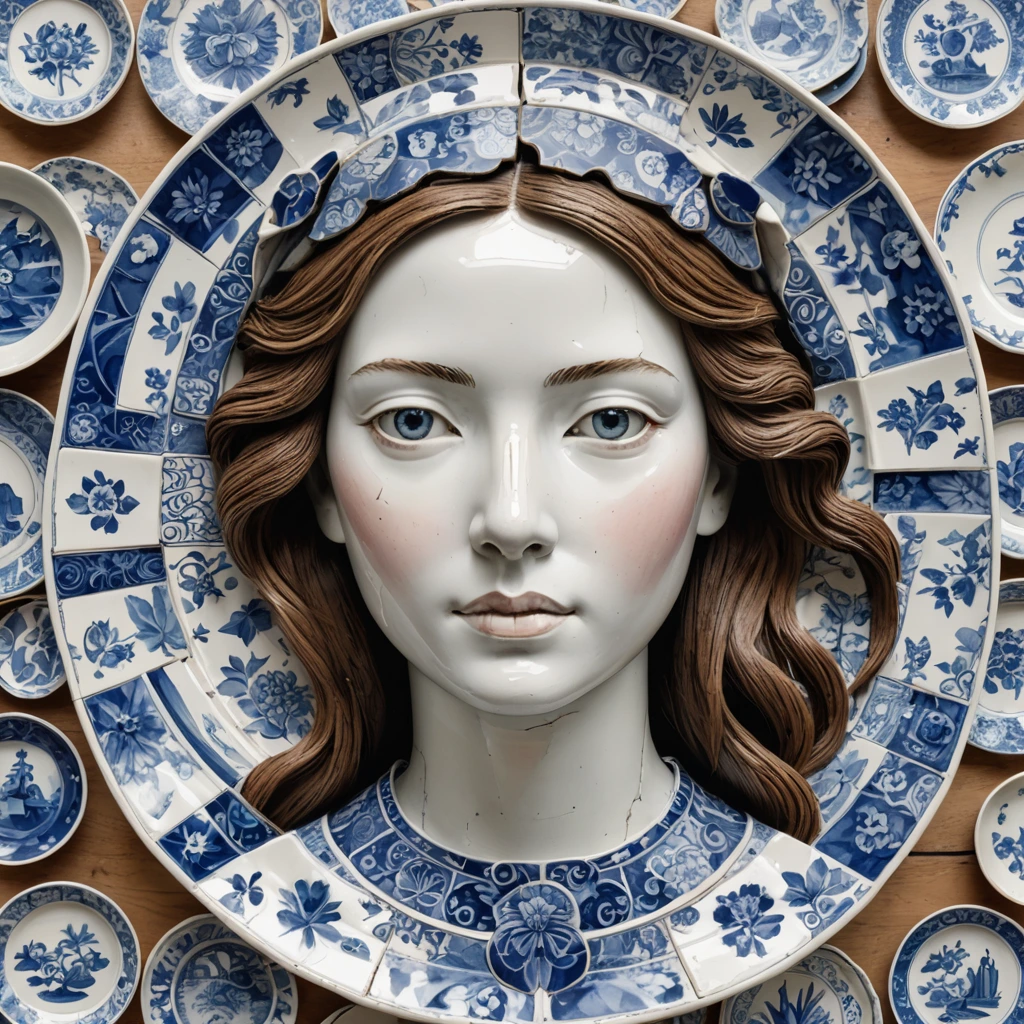 Create a womans face, pieced together from broken delftware and chinaware.