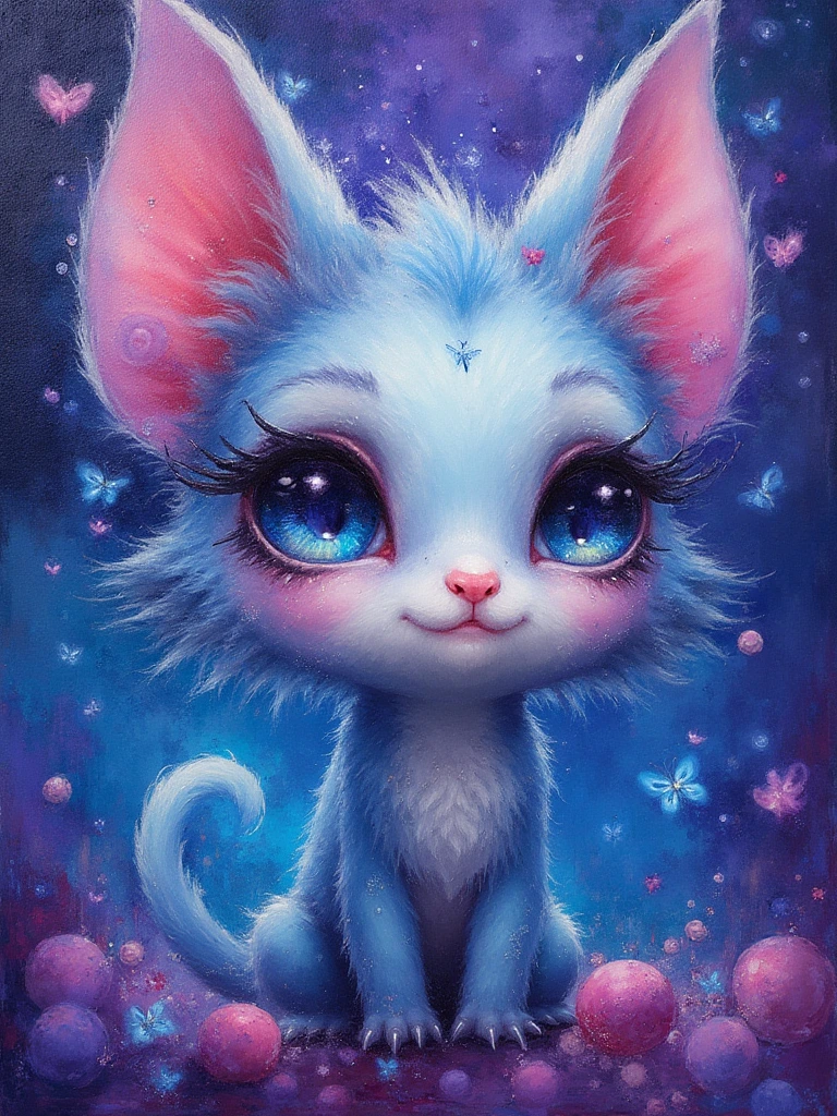 Create a close-up of an adorable chibi fantasy creature with a mesmerizing blend of purple, velvet and blue hues alcohol ink and acrylic glitter paint, painting inspired by the whimsical styles of Michael Cheval, Luis Royo, and Mucha reminiscent mashup of Nordic and Scandinavian art styles. Vibrant colors blend in intricate swirls, creating a dreamy, ethereal background reminiscent of a mystical Candyland. Subtle grunge elements add a touch of dark charm, while hints of a benevolence whimsical appearance float through the composition. The distinctive styles of each artist intertwine, inviting viewers into an enchanting, otherworldly realm of artistic wonder.