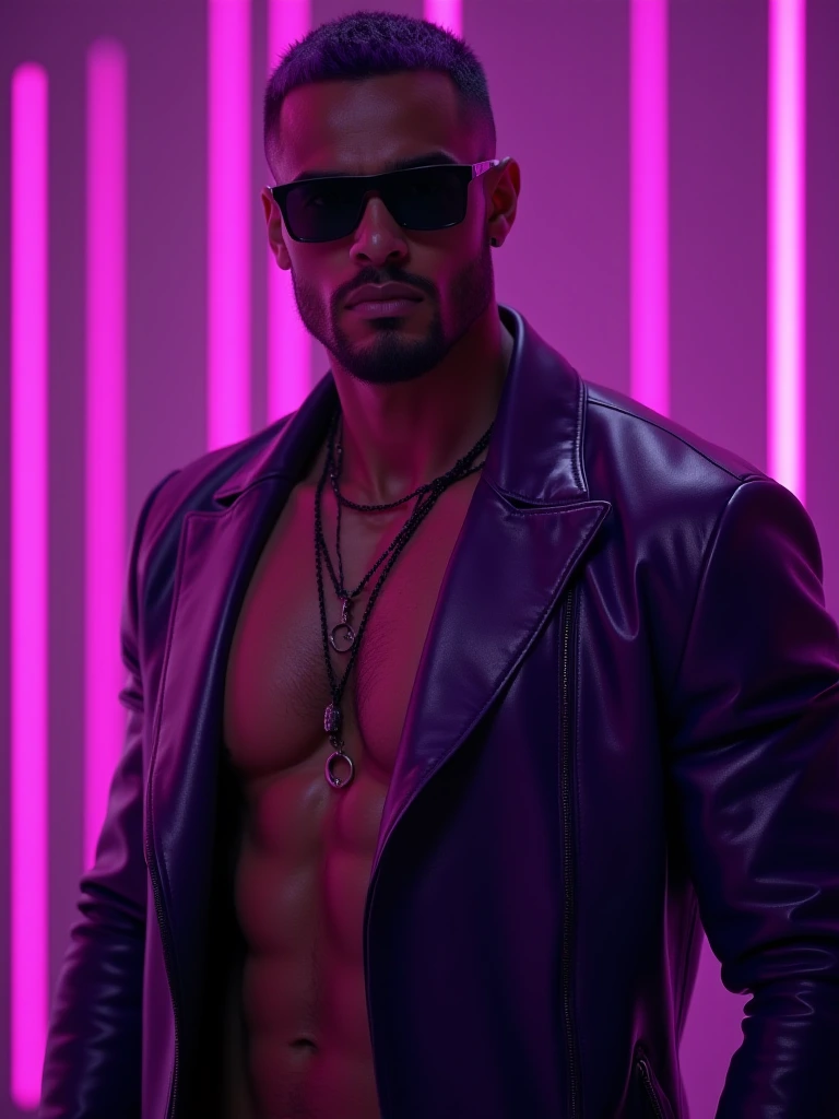 A handsome muscle shirtless man in Purple leather adorned with big black rings, virile, attractive, posing virile, muscle veins, wet, purple hair, short hair lit, estilized short beard, black leather sunglasses, powerful fashion poses, geometric, linear. Purple neon rain in the background. 8k hyper detailed