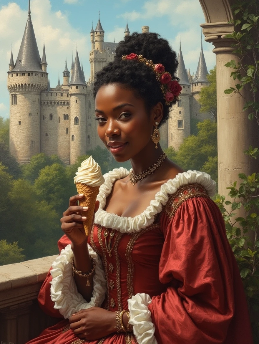 An oil painting portrait of a regal African American woman in Renaissance attire, indulging in a cone of creamy ice cream, set against the backdrop of a majestic medieval castle with decorative turrets and lush greenery. The woman's richly detailed garments exude elegance, while the castle's stone walls and towering spires provide a dramatic contrast. The scene captures a moment of luxurious enjoyment in a historic setting, with soft lighting enhancing the exquisite details.