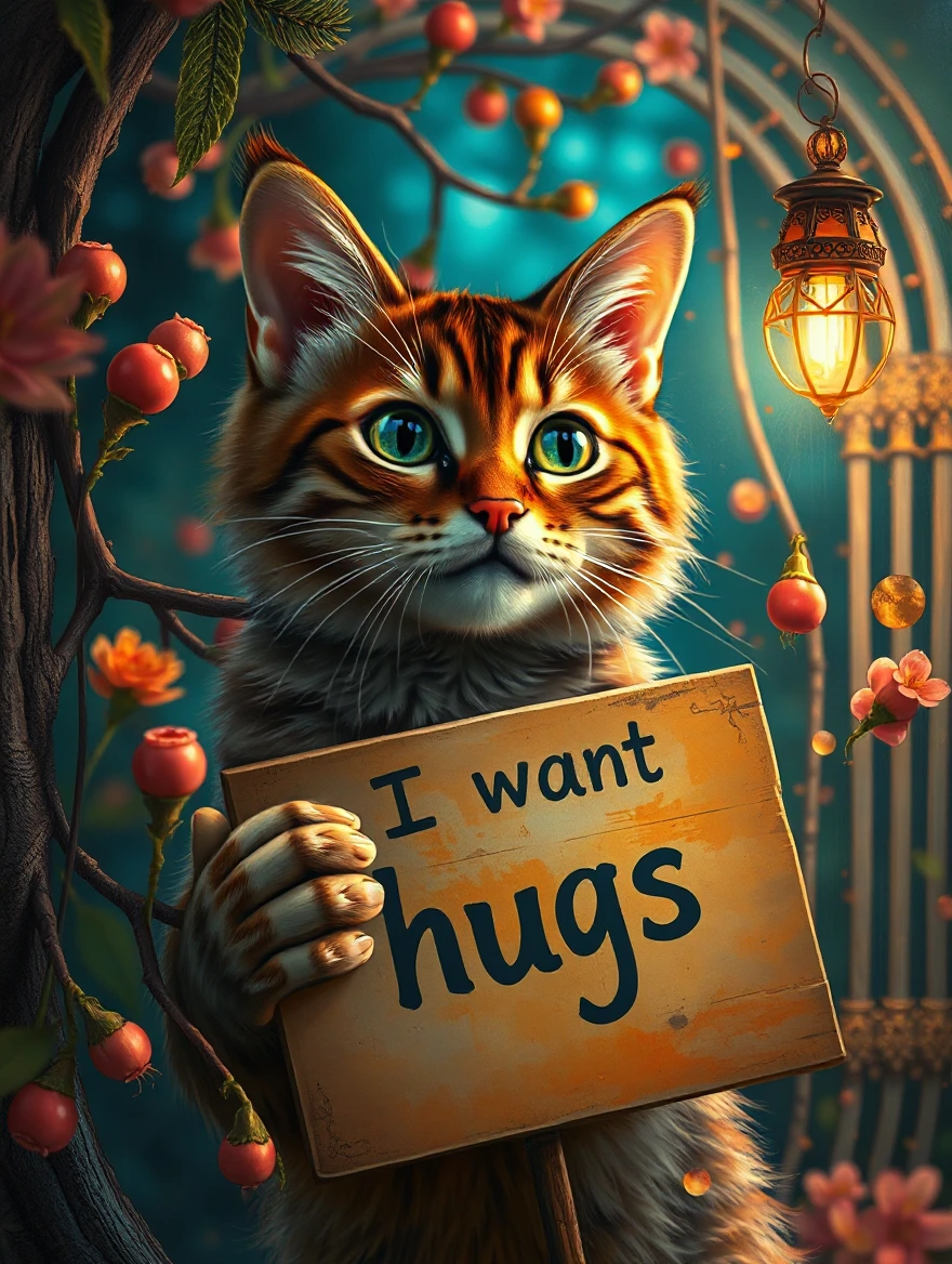 A masterpiece of painting that shows a beautiful, ultra-detailed cat holding a sign saying “I want hugs” through a distorted reality. The vivid color palette and intricate brushwork plunge viewers into a mesmerizing world of realistic enchantment, where the surreal beauty of nature stands out. The ambience is accentuated by cinematic lighting, heightening the atmosphere of mystical fantasy. Captured in crisp 1080p resolution, this lifestyle photograph invites you to immerse yourself in a realm of wonder and intrigue. Dramatic action