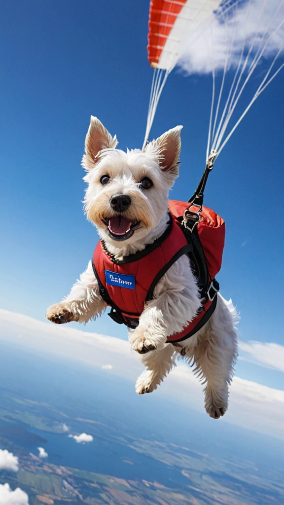 A fearless westhighland terrier  gracefully skydiving from a plane high above, wearing a vibrant red parachute with a confident expression on its face, capturing the perfect moment of adventure and courage in mid-air. The clear blue sky and fluffy white clouds create a stunning backdrop, while the sunlight illuminates the tiny details of the westhighland terrier sleek coat, emphasizing the exhilaration and thrill of this daring feat. An action-packed, adrenaline-filled snapshot in high definition.