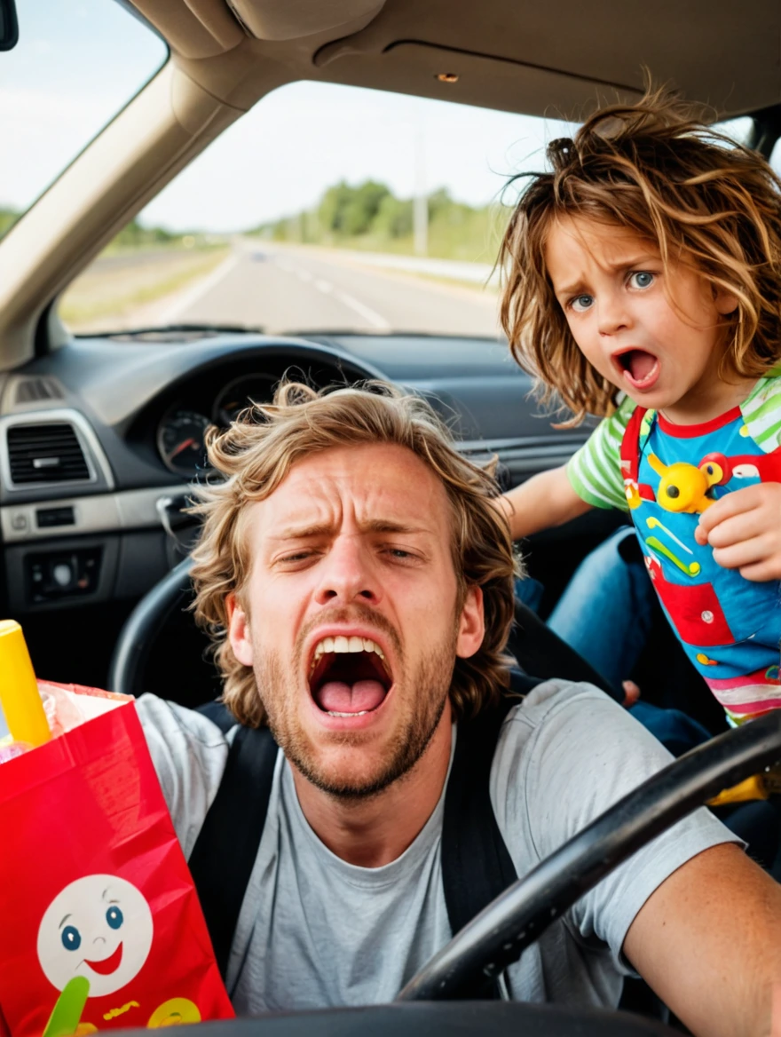 A stressed out parent on a road trip