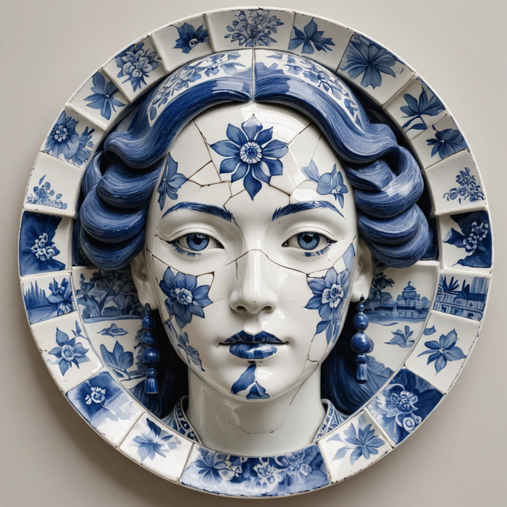 Create a womans face, pieced together from broken delftware and chinaware.