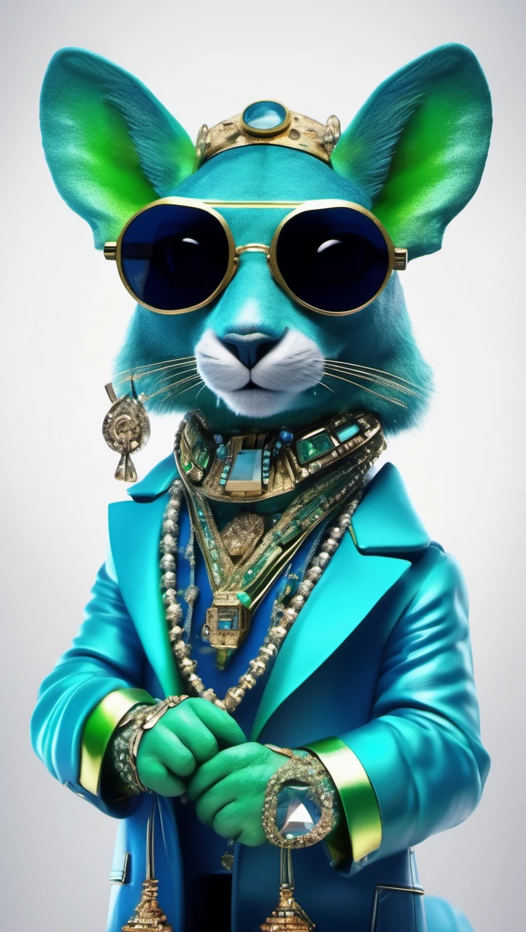 Cosmic cool animal DJ is wearing blue green coat with make up and jewellery, ,  antique ambiance, antique futuristic objects, 8K, high quality