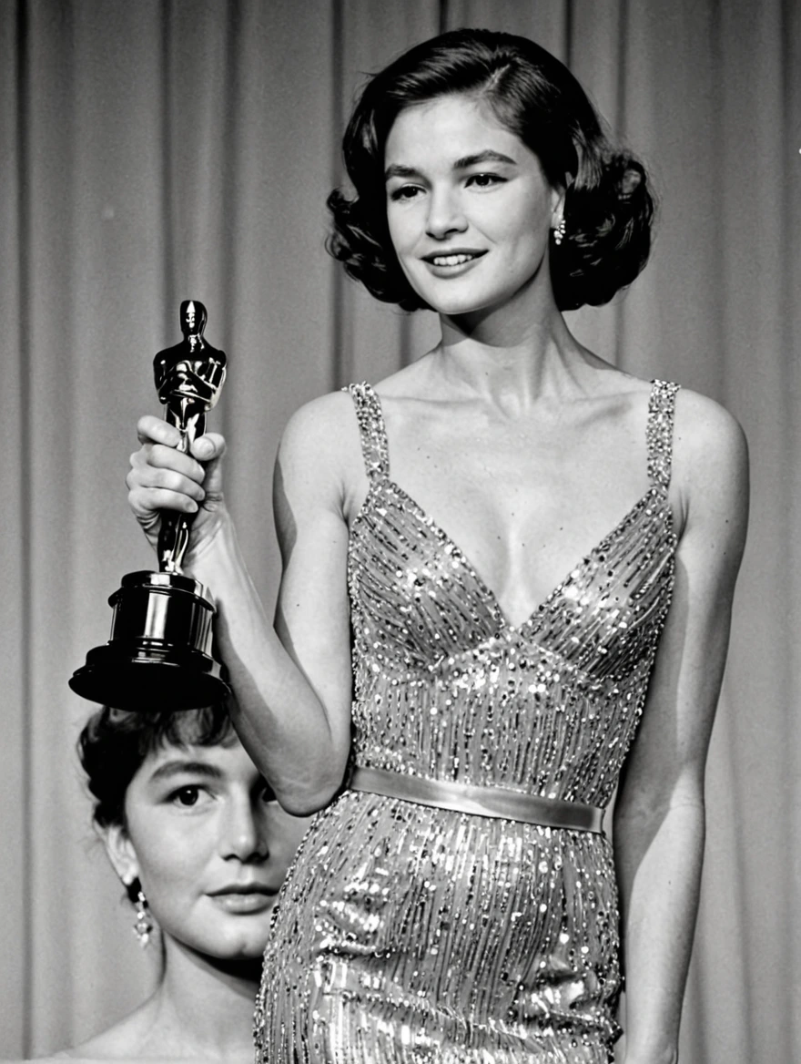 Woman wearing a glamorous dress winning an Oscar