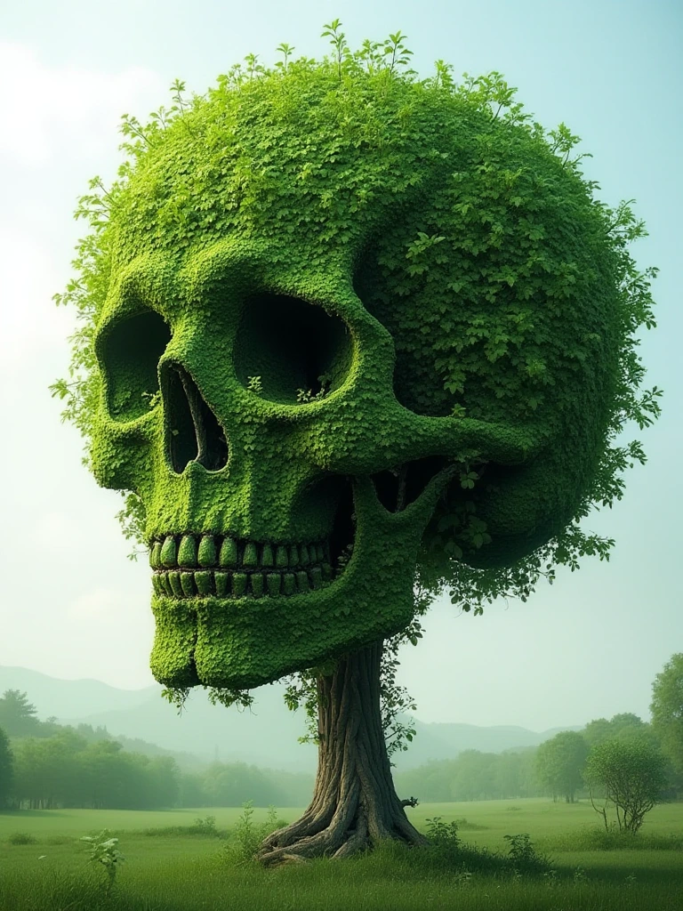 photo of a tree from a distance. The leaves form the very subtle shape of a skull.