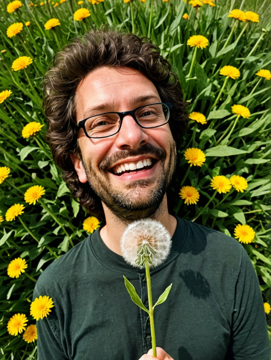 tiny man standing under a giant dandelion