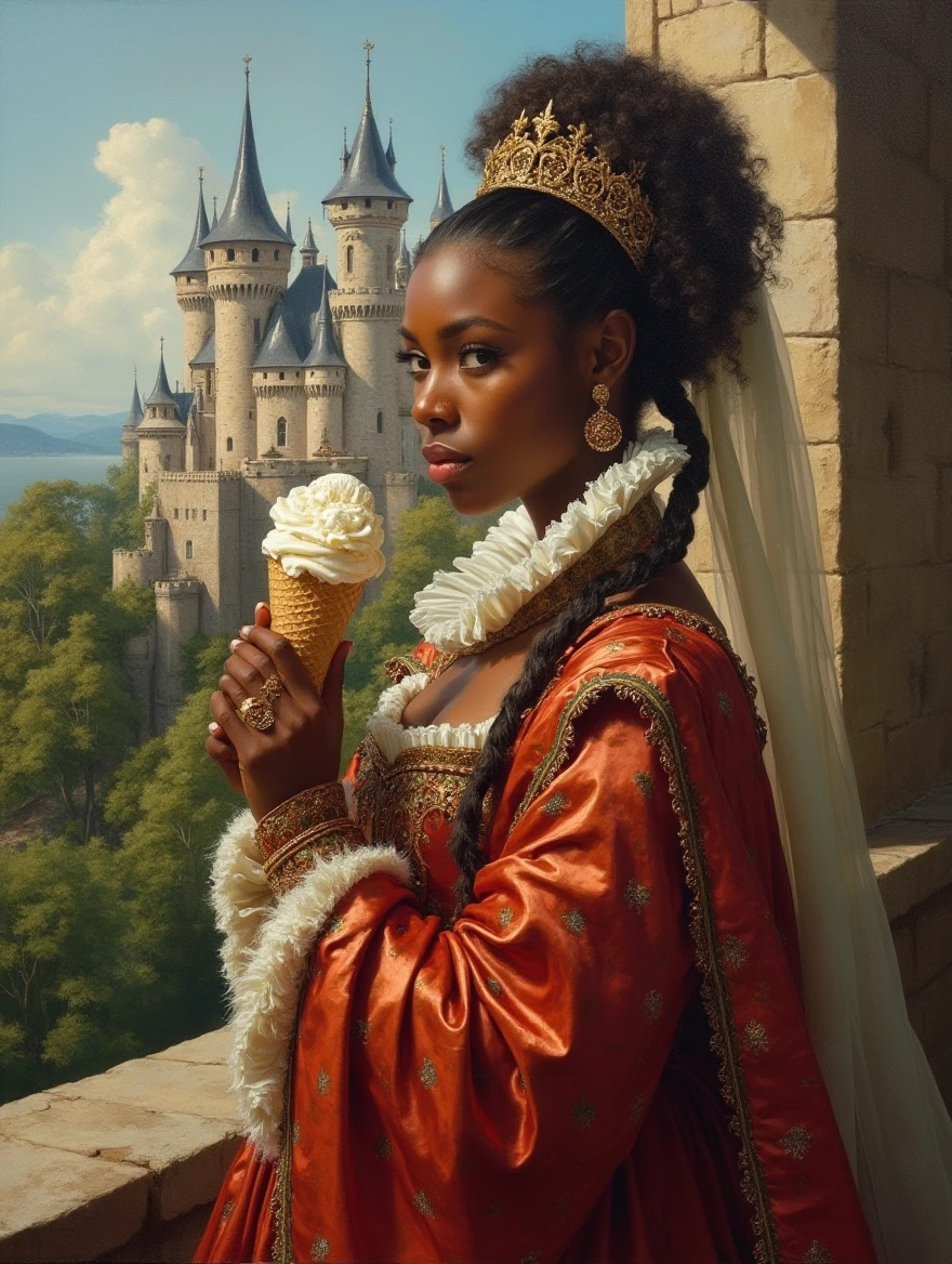 An oil painting portrait of a regal African American queen in Renaissance attire, indulging in a cone of creamy ice cream, set against the backdrop of a majestic medieval castle with decorative turrets and lush greenery. The woman's richly detailed garments exude elegance, while the castle's stone walls and towering spires provide a dramatic contrast. The scene captures a moment of luxurious enjoyment in a historic setting, with soft lighting enhancing the exquisite details.