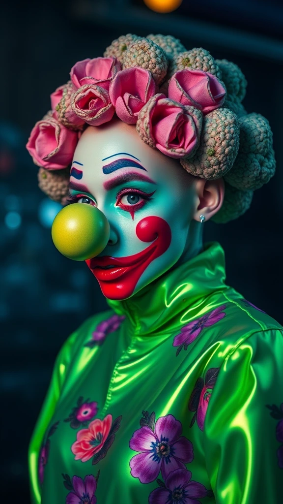 Neon colors, floral, unsettling, retro, vintage, glossy, satin-like, night-time, futuristic, iridescent,green , clown nose, futuristic fashion, scary broccoli whimsical, fantasy, green latex, dystopian, outdoors, metallic, hybrid, water, translucent, eerie, unsettling surrealism, muted colors horrorcore aesthetic [add buxom]