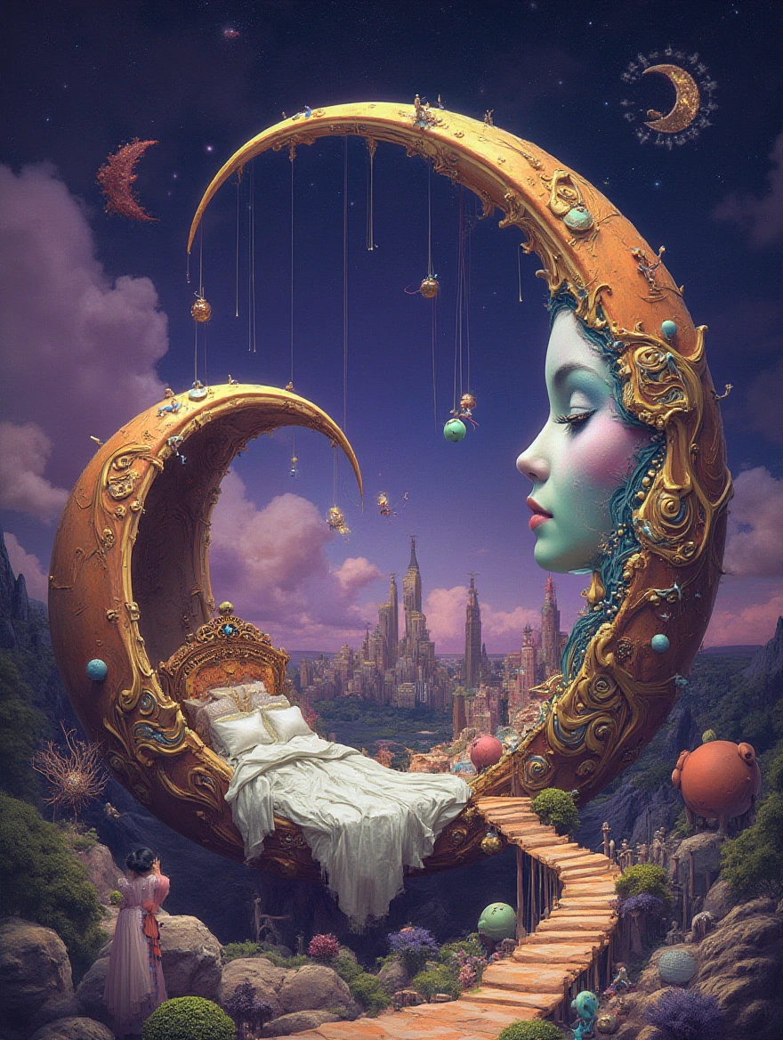 An otherworldly spiral crescent clockworld landscape inspired by Salvador Dali's surreal style, where a whimsical bed is placed under a starry purple sky,a painting of a woman's face with a city in the background, fantasy drawing made of fractals, colorful melting human head lying a throne in a fantasy land, portrait of a dreamer, depicted as a 3 d render, side profile artwork, psytrance, featured on twisted  dripping heart designs surrounded by bizarre and dreamlike scenery.