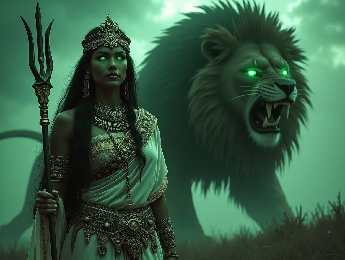 A semi realistic, high tech, neon-lit close up portrait of a majestic Aztec warrior templar goddess figure standing tall with intense green glowing electrical neon eyes, wearing intricate traditional Aztec jewelry and a traditional Aztec vaporous white saree with golden border, cascading floating hair, (((holding a warcraft Viking majestic trident))). (Just behind her is a fierce roaring massive Heavenly giant Warcraft armored lion with green eyes:1.5), symbolizing power and protection. The scene is in black and white, set amidst a very stormy sky with dramatic clouds swirling, creating a sense of divine authority and strength. (((Rule of third))).