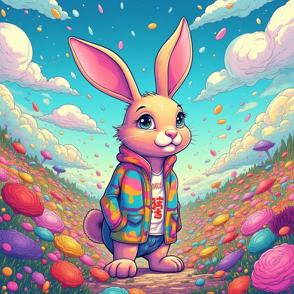 A vibrant and fluffy bunny with a colorful fur coa…