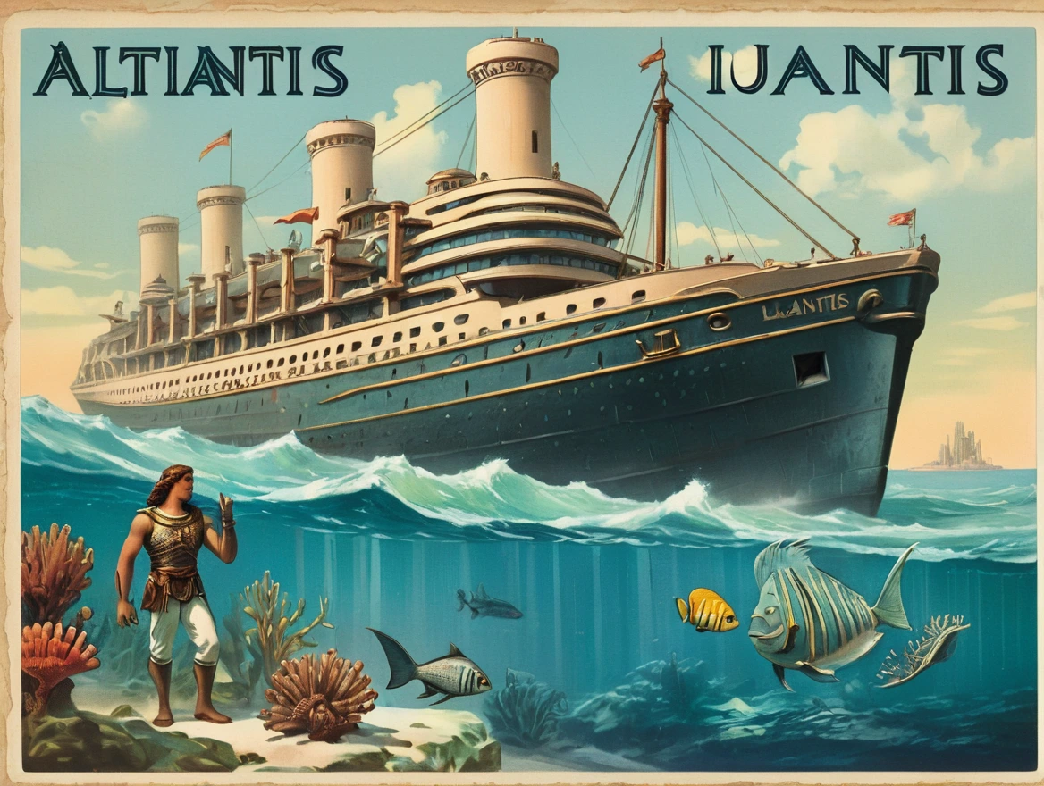 Postcard with text "Atlantis", vintage postcard style,