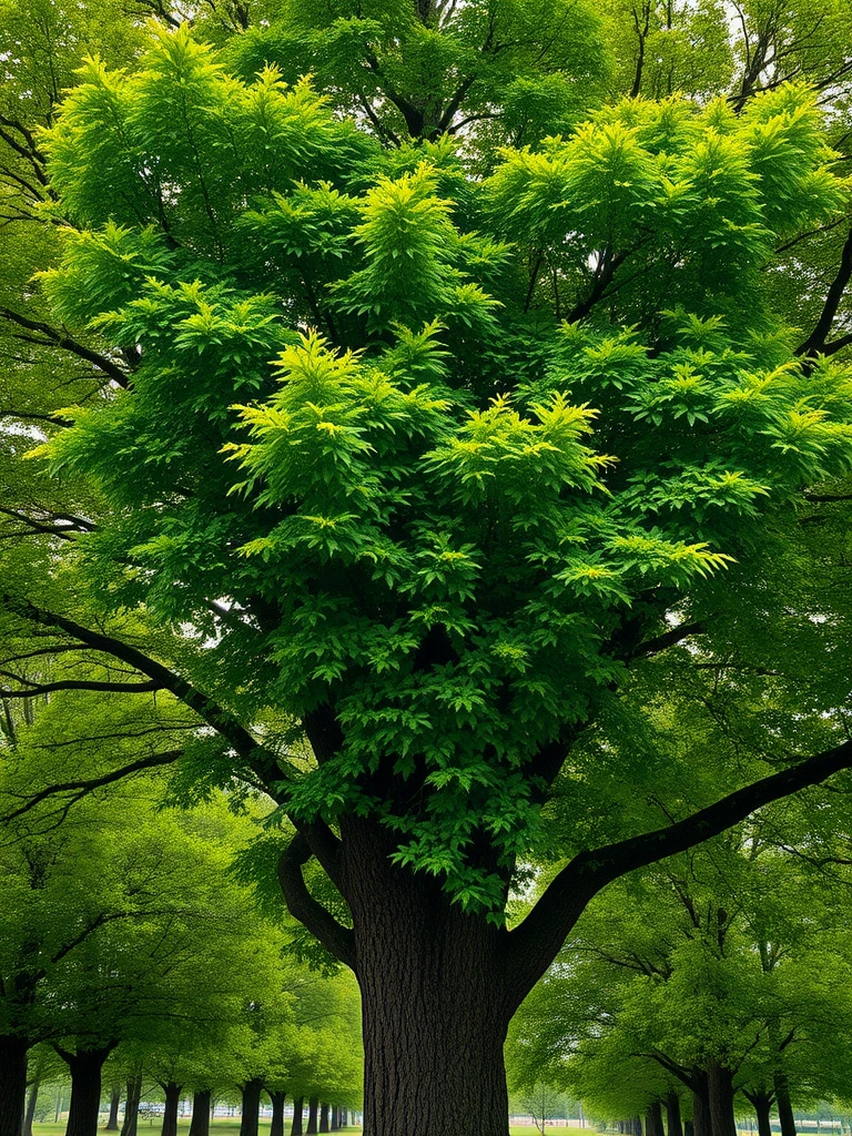 A breathtakingly realistic 8K resolution photograph of a large, lush tree in a tranquil forest setting. The dense canopy of green leaves at the top of the tree has been meticulously arranged to form the subtle yet unmistakable outline of a demonic skull face. The skull is crafted entirely from the natural shapes and textures of the leaves, with the background forest visible through the spaces between the leaves to create the impression of the skull's features. The design is remarkably intricate, requiring close inspection to fully discern the eerie visage hidden within the treetop. The lighting is natural and the details are crisp, creating a sense of photographic realism. Everything about the image, from the tree's majestic form to the unsettling skull hidden within, should captivate the viewer's attention.