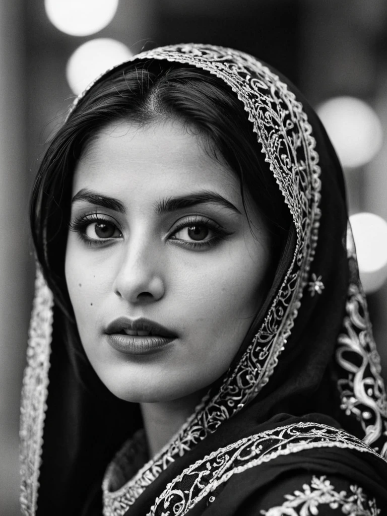 A monochrome resembling high ISO 35mm black and white film, emulating pushed Kodak Tri-X 400. The subject: a pretty arabic saudi woman with high cheekbones, with a top heavy undercut, red lips and emerald gold brown eyes. Mimic a classic 35mm camera setup, ISO 1600, with a 50mm lens at f/2.8 for a shallow depth of field and soft background. Use high-contrast lighting from a single softbox at a 45-degree angle for deep shadows and highlights, enhancing texture and depth, pronounced grain, focusing on facial details lifestyle photography, candid, realistic, epic realism