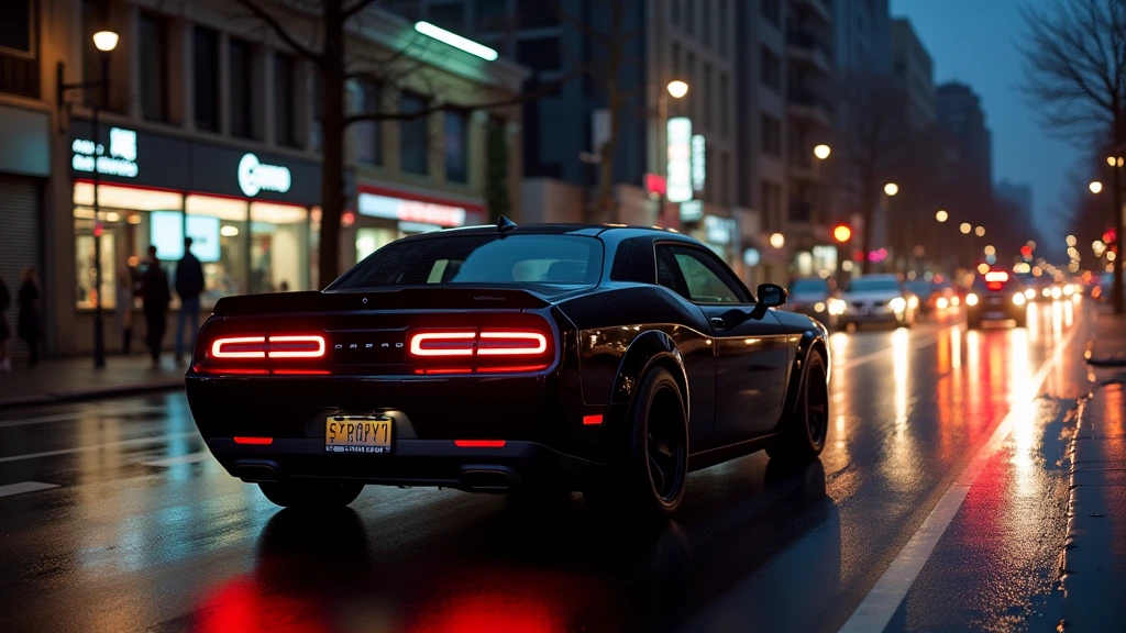 A sleek black muscle car with red taillights driving down a wet city street at night, reflecting the lights of the surrounding buildings and streetlights.