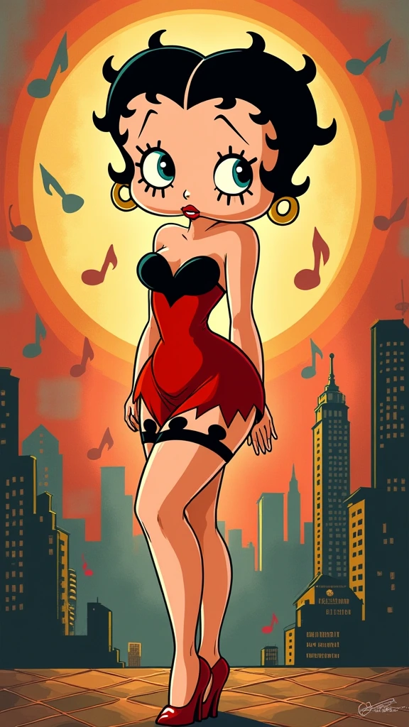 A classic animated character, Betty Boop, a flapper with big eyes, a heart-shaped red dress, a black garter and high heels, stands in a vibrant retro background, surrounded by musical notes and a stylized cityscape, exuding a playful and sassy charm. Vibrant colors, nostalgic feel, with a touch of Art Deco flair.