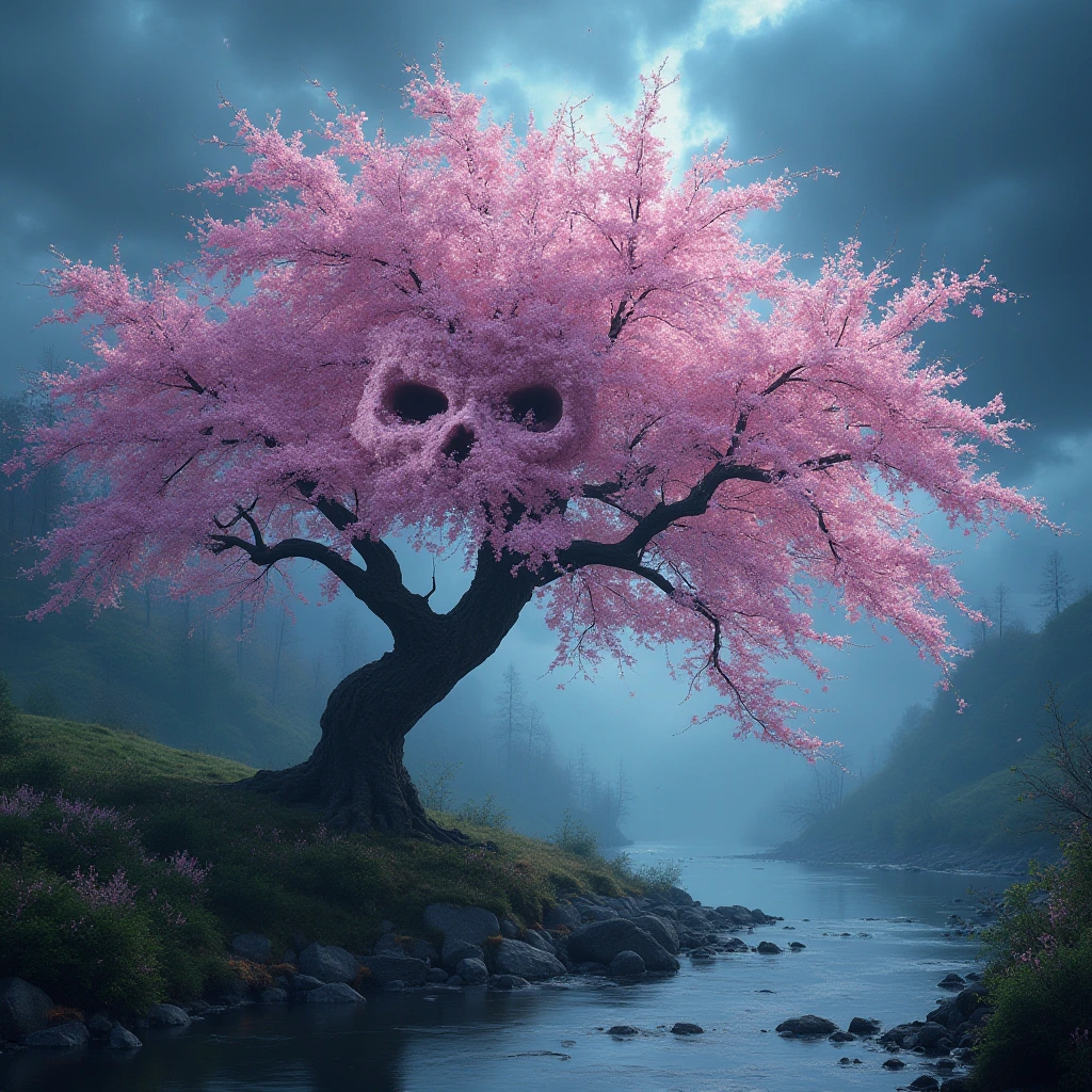 Generate a high-resolution, photorealistic image of a beautiful cherry tree in full bloom by a stream in a thunderstorm. The arrangement of windswept blossoms and boughs against the stormy sky creates the illusion of something that seems to resemble a haunting visage in the canopy, something like a demonic skull appearing and disappearing as the branches are blown by swirling winds
, hyper-detailed, rendered in 8k resolution.