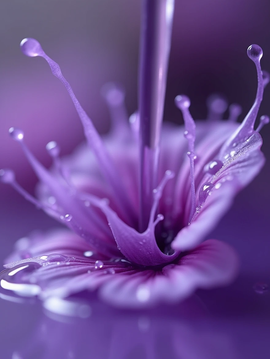 Splashing purple liquid, close-up, purple rain falling on violets, macro photo focus on splashing purple raindrops on the violet petal, in the style of Robert Crumb, Stanley George Miller, and Arnulf Rainer, create a image "Purple Rain falling on violets, macro photo focus on splashing purple raindrops on the lavender sidewalk